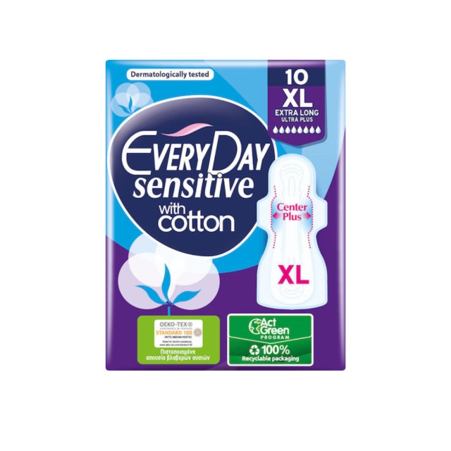 Every Day Sensitive with Cotton Extra Long Σερβιέτες με Φτερά για Αυξημένη Ροή 8 Σταγόνες 10τμχ