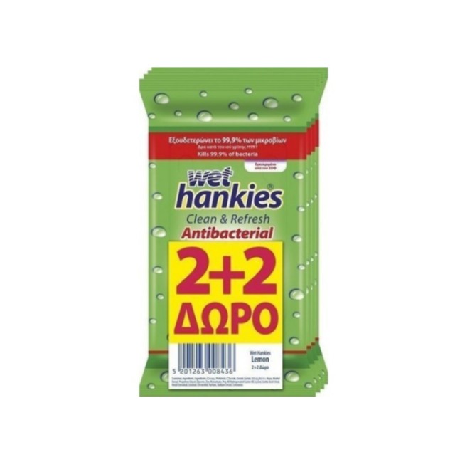 Wet Hankies Μαντηλάκια αντιβακτηριδιακά με αιθυλική αλκοόλη με άρωμα λεμόνι (4x15τεμ)2+2 Δώρο