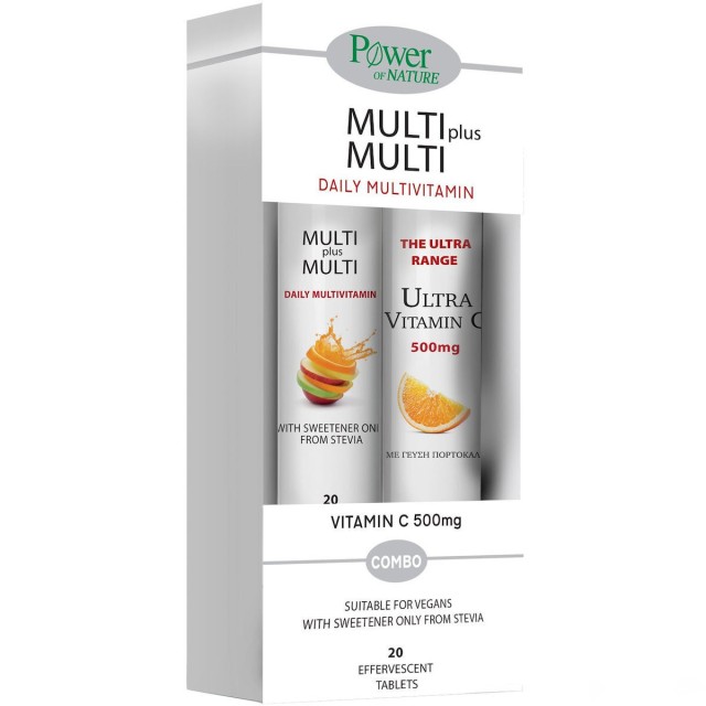 Power Health Multi + Multi με Στέβια & Vitamin C Πολυβιταμίνη για Ενέργεια & Ενίσχυση του Ανοσοποιητικού 500mg Πορτοκάλι 20 αναβράζοντα δισκία
